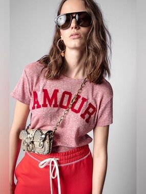Zadig & Voltaire Walk Flock Chine red burnout Amour tee shirt size Small